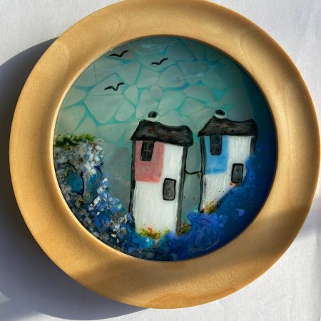 Wooden framed fused glass harbour scene