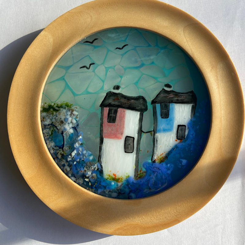 Wooden framed fused glass harbour scene