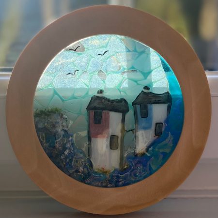 Wooden framed fused glass harbour scene