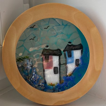 Wooden framed fused glass harbour scene