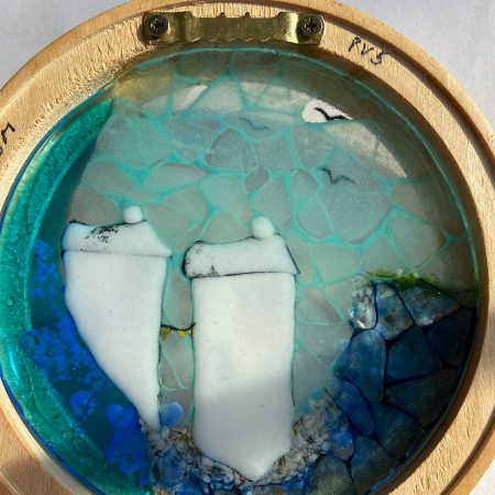 Wooden framed fused glass harbour scene