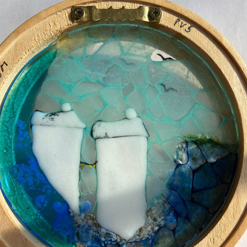 Wooden framed fused glass harbour scene