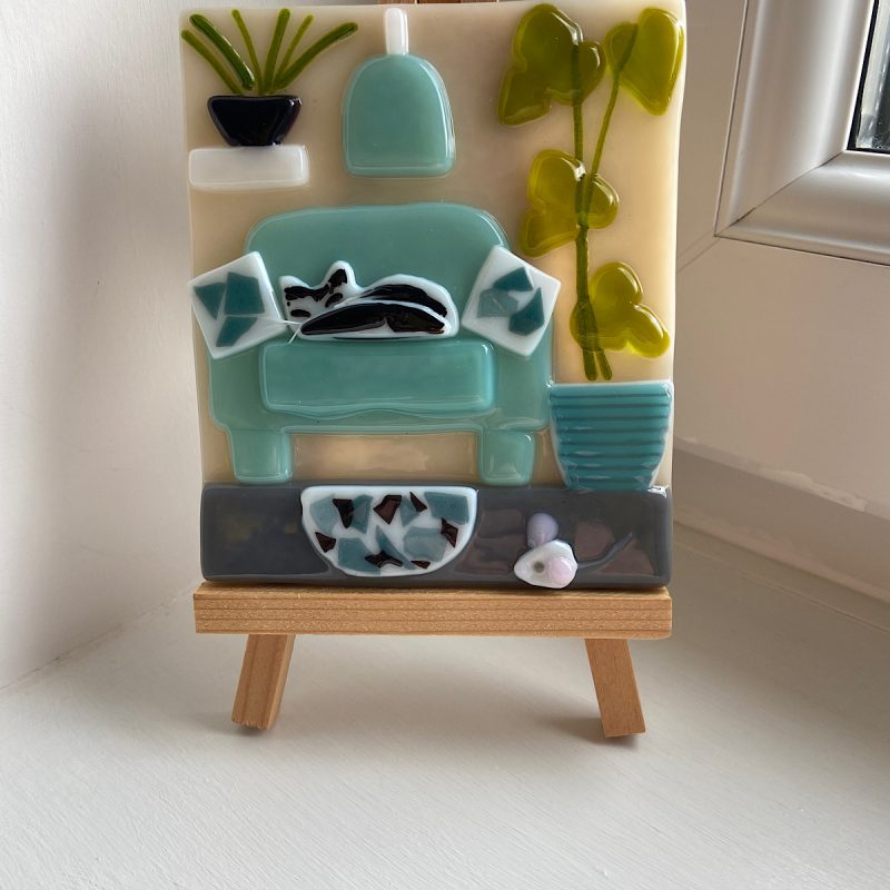 Fused glass sleeping cat and mouse scene