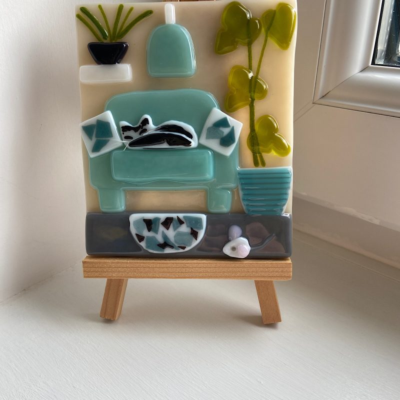 Fused glass sleeping cat and mouse scene