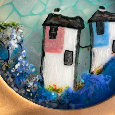 Wooden framed fused glass harbour scene