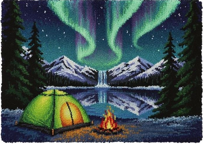 Rug Making Latch Hooking Kit | Aurora Camping (102x69cm Printed Canvas) “NEW”