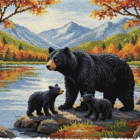 Rug Making Latch Hooking Kit | Bears at Lake (102x69cm Printed Canvas) “NEW”