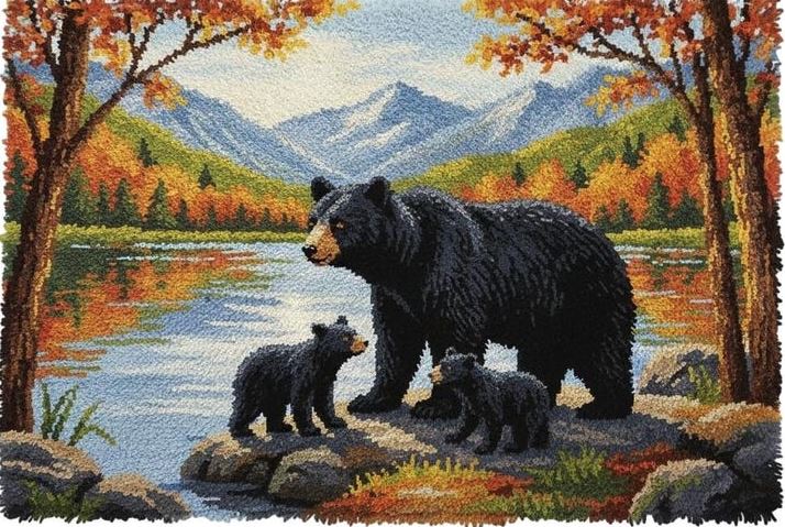 Rug Making Latch Hooking Kit | Bears at Lake (102x69cm Printed Canvas) “NEW”