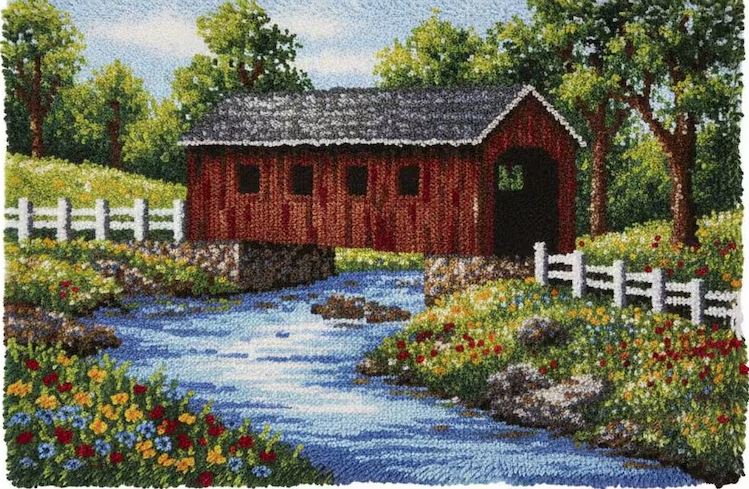 Rug Making Latch Hooking Kit | Covered Bridge Country (102x69cm Printed Canvas) “NEW”