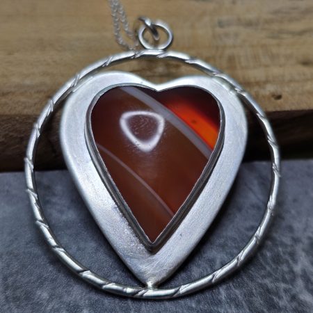 Handmade Carnelian Stone Circle Pendant in Satin Silver