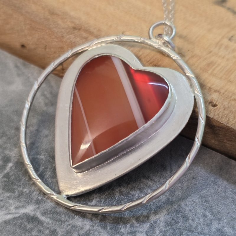 Handmade Carnelian Stone Circle Pendant in Satin Silver