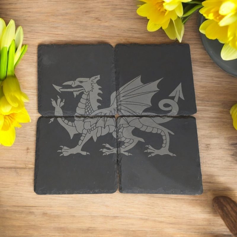 Welsh dragon slate coaster set