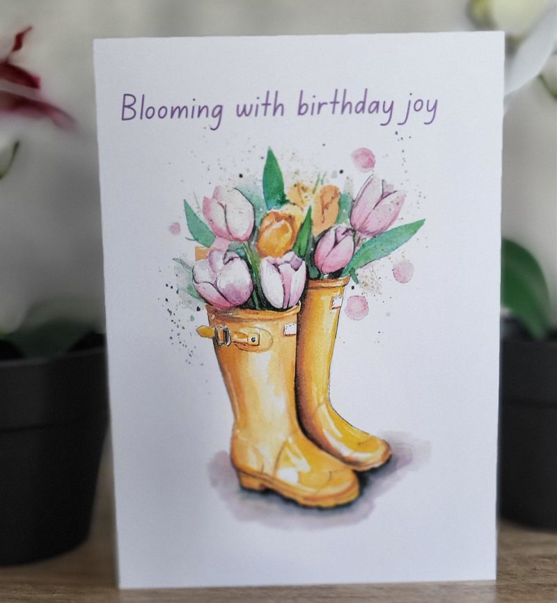 Personalised Birthday Card – Yellow Wellington Boots with Tulips, 5x7
