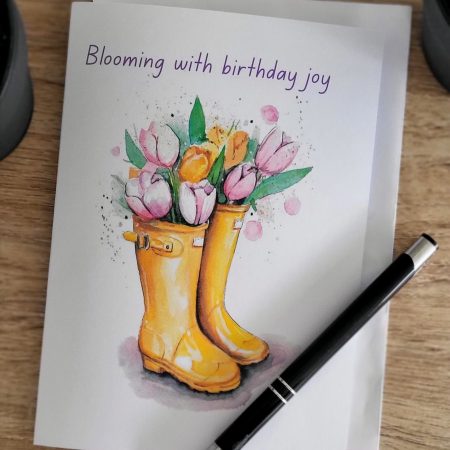 Personalised Birthday Card – Yellow Wellington Boots with Tulips, 5x7
