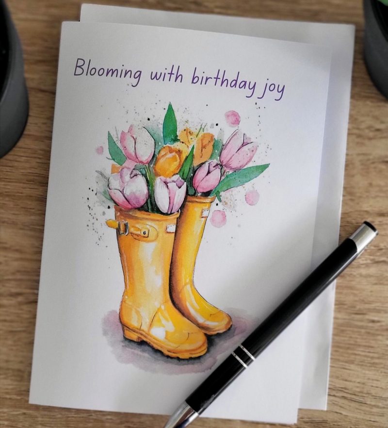 Personalised Birthday Card – Yellow Wellington Boots with Tulips, 5x7