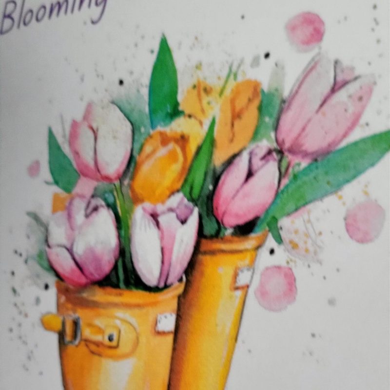 Personalised Birthday Card – Yellow Wellington Boots with Tulips, 5x7