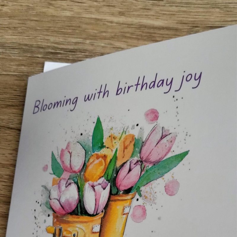 Personalised Birthday Card – Yellow Wellington Boots with Tulips, 5x7