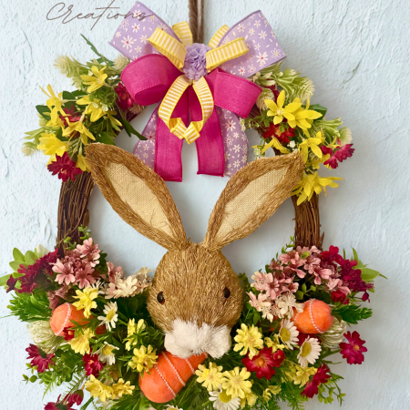 Spring Meadow Wreath with Bunny Head and Carrots on Grapevine Base 60cm x 50cm