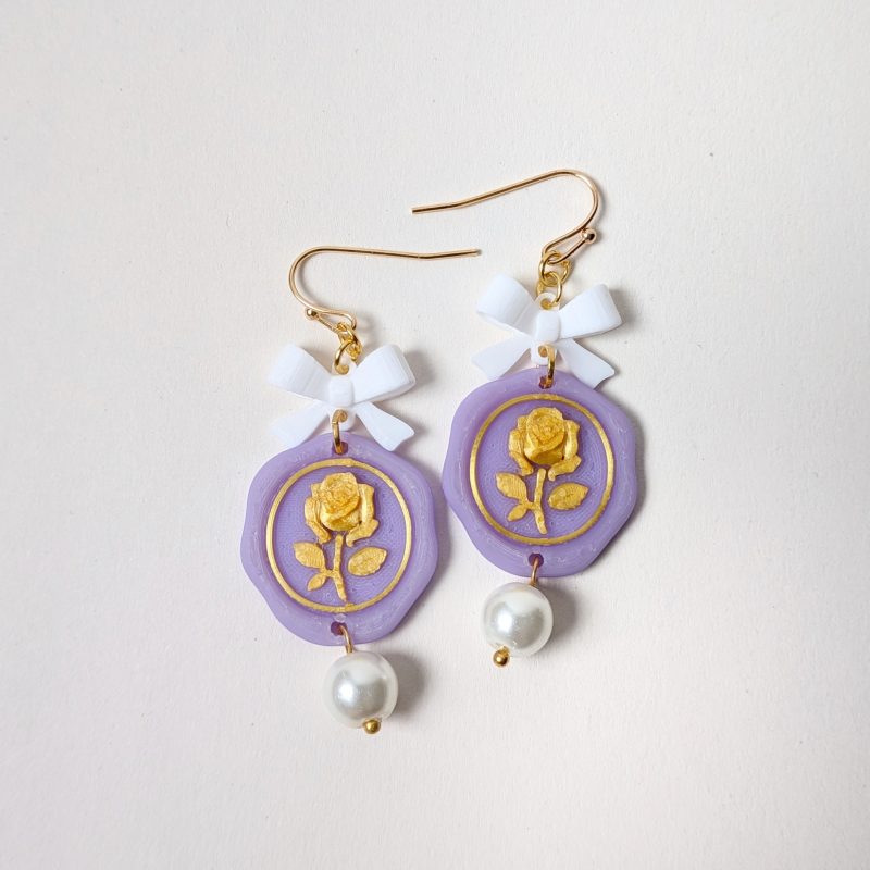 Pastel Purple Wax Seal Rose Earrings with White Bows & Pearls Victorian Style