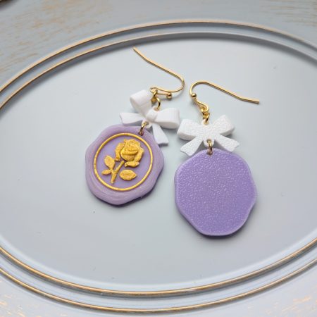 Pastel Purple Wax Seal Rose Earrings with White Bows & Pearls Victorian Style
