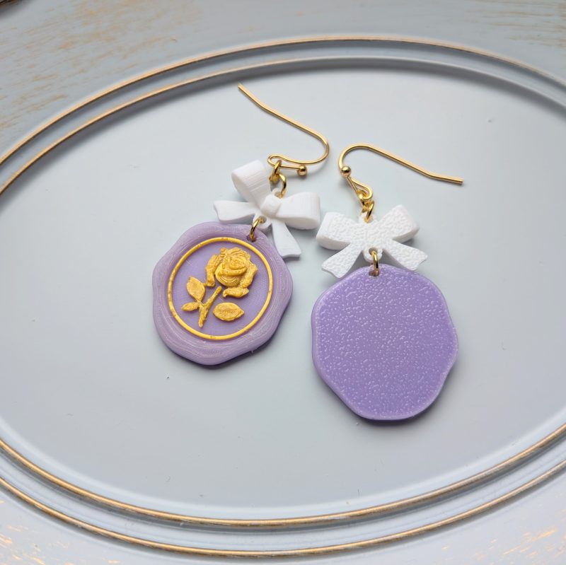 Pastel Purple Wax Seal Rose Earrings with White Bows & Pearls Victorian Style