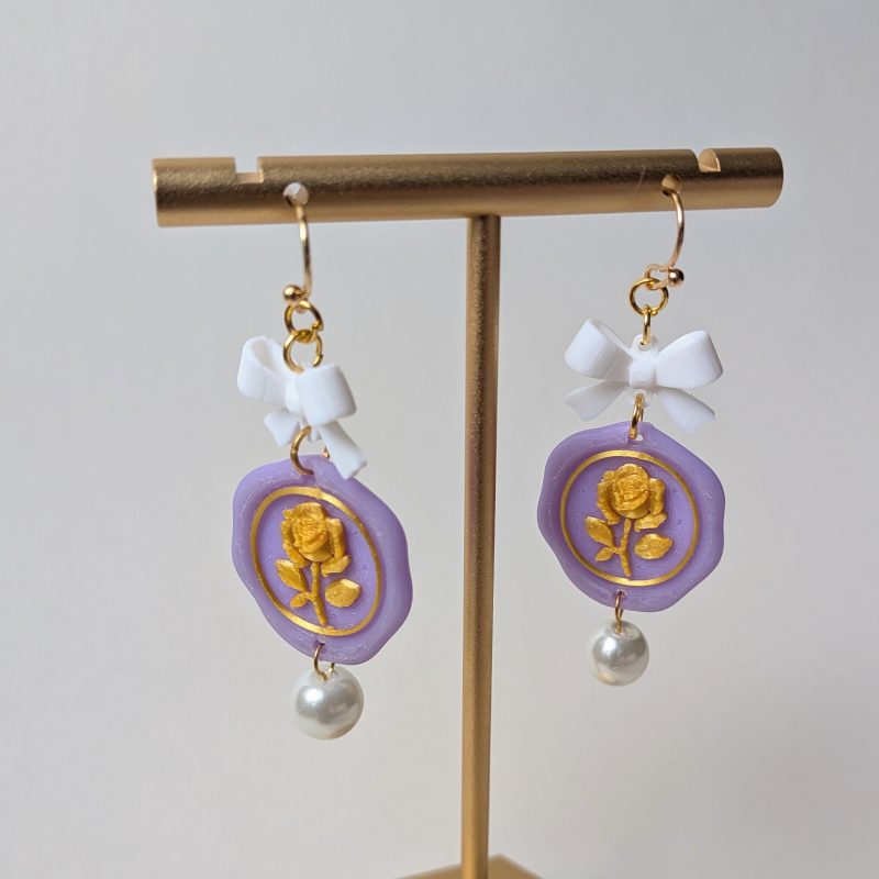 Pastel Purple Wax Seal Rose Earrings with White Bows & Pearls Victorian Style