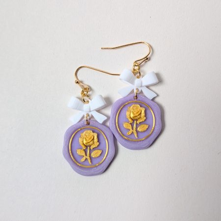 Pastel Purple Wax Seal Rose Earrings with White Bows & Pearls Victorian Style
