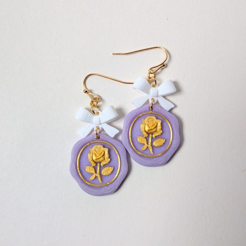 Pastel Purple Wax Seal Rose Earrings with White Bows & Pearls Victorian Style