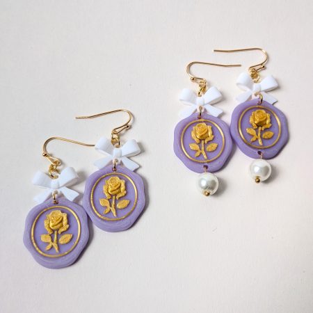 Pastel Purple Wax Seal Rose Earrings with White Bows & Pearls Victorian Style