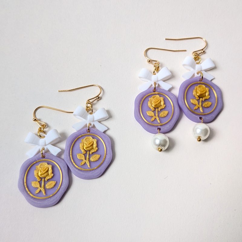Pastel Purple Wax Seal Rose Earrings with White Bows & Pearls Victorian Style