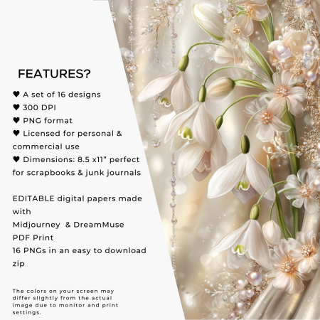 Snowdrop Floral Digital Paper Pack – Vintage Printable Backgrounds for Junk Journals & Card Making