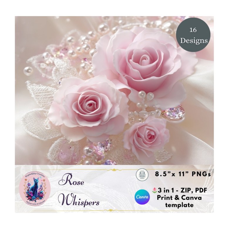 Rose Whispers Digital Paper Pack – 16 Printable Floral Backgrounds for Junk Journals & Card Making