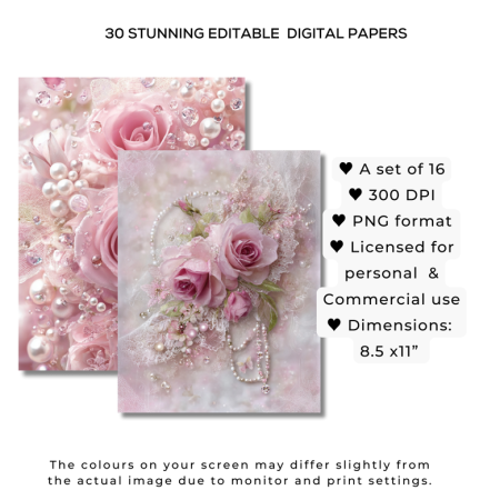 Rose Whispers Digital Paper Pack – 16 Printable Floral Backgrounds for Junk Journals & Card Making
