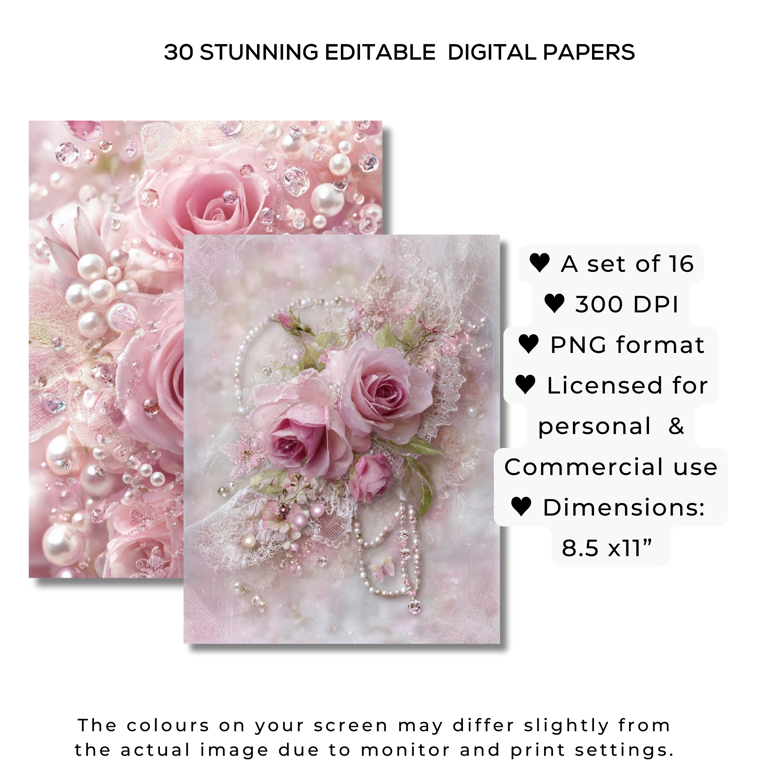 Rose Whispers Digital Paper Pack – 16 Printable Floral Backgrounds for Junk Journals & Card Making