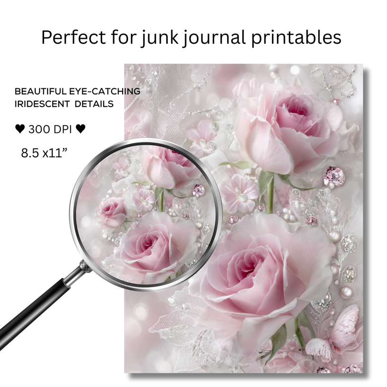 Rose Whispers Digital Paper Pack – 16 Printable Floral Backgrounds for Junk Journals & Card Making