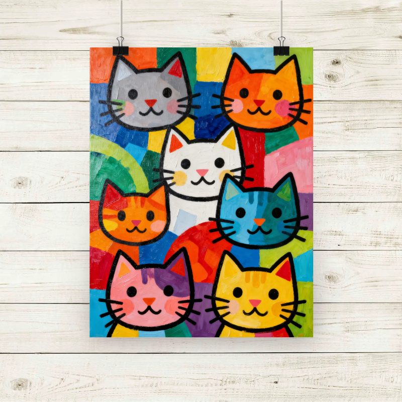 Mixed Cats Art Print – Whimsical Style - Size A4