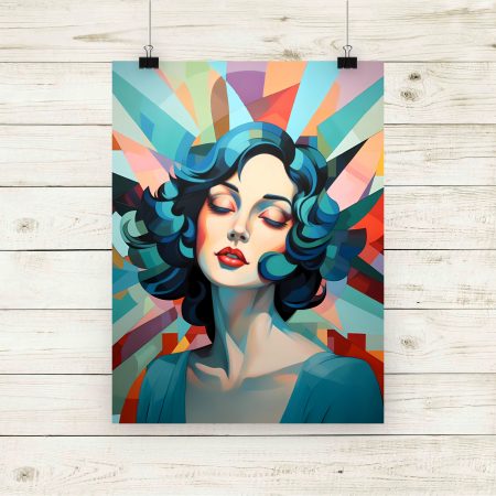Art Deco Woman Portrait With Blue Black Hair Print - #3. Size A4