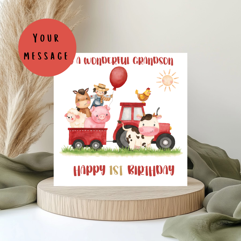 Personalised Farmyard Birthday Card – Kids Farm Animal & Tractor Party Card – Custom Name & Age