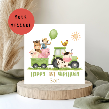 Personalised Farmyard Birthday Card – Kids Farm Animal & Tractor Party Card – Custom Name & Age