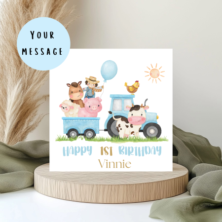 Personalised Farmyard Birthday Card – Kids Farm Animal & Tractor Party Card – Custom Name & Age