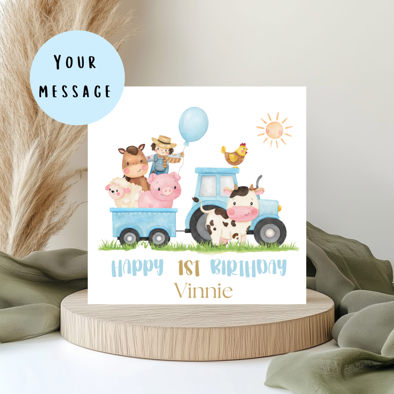 Personalised Farmyard Birthday Card – Kids Farm Animal & Tractor Party Card – Custom Name & Age