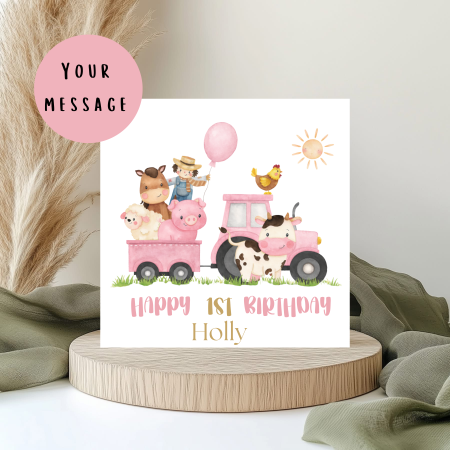 Personalised Farmyard Birthday Card – Kids Farm Animal & Tractor Party Card – Custom Name & Age