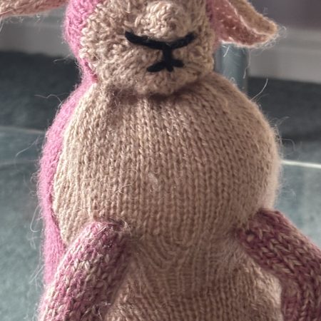 Hand Knitted Soft Rabbit Toy in Pink and Beige Yarn
