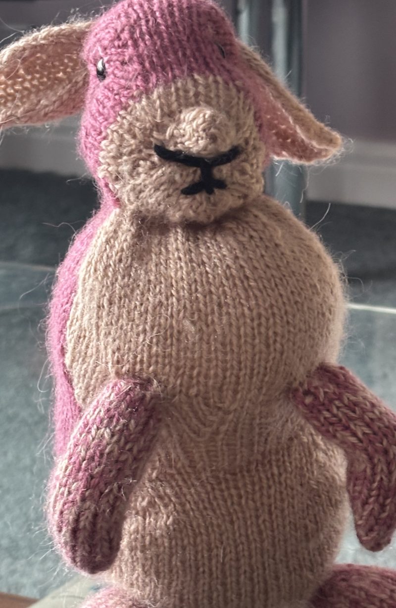 Hand Knitted Soft Rabbit Toy in Pink and Beige Yarn