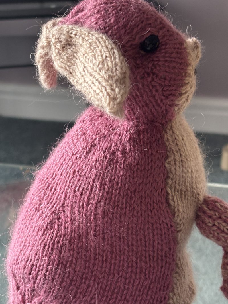 Hand Knitted Soft Rabbit Toy in Pink and Beige Yarn