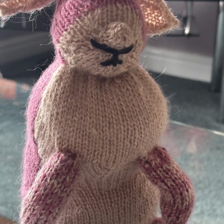 Hand Knitted Soft Rabbit Toy in Pink and Beige Yarn