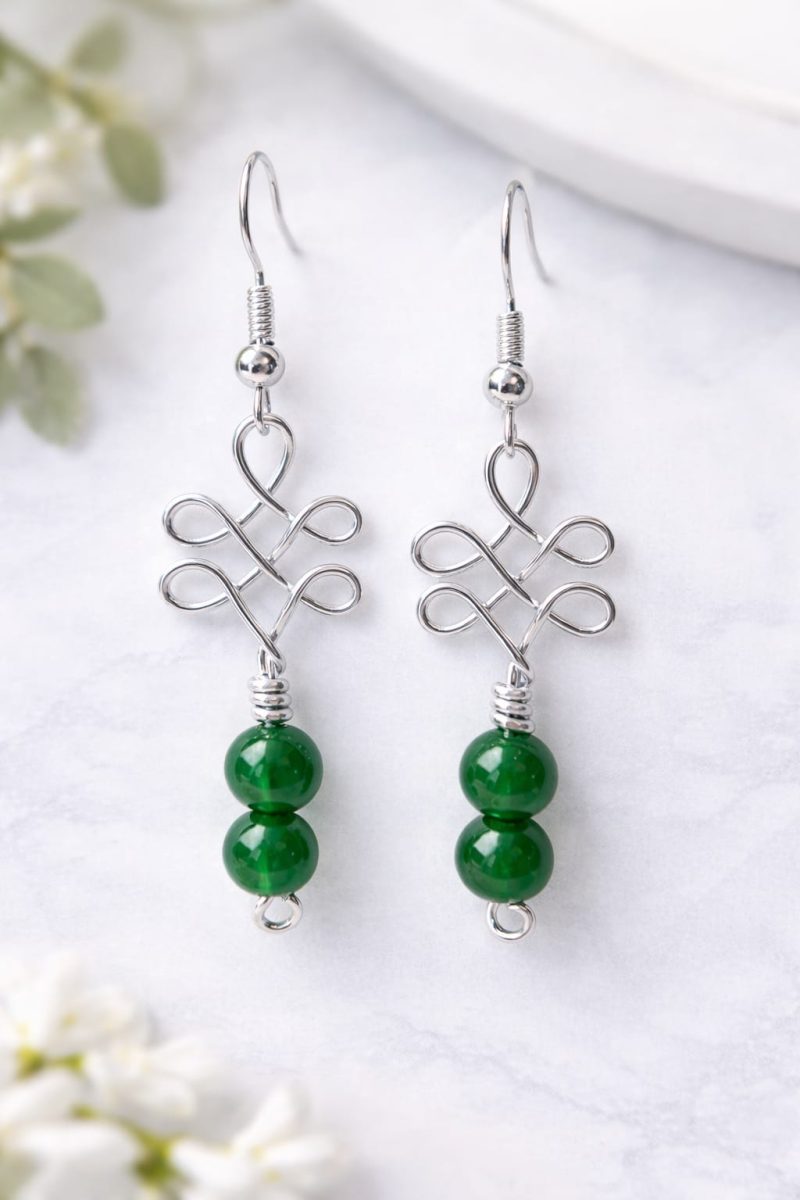 Celtic Knot Earrings – Dark Green Jade Beads, Handmade Wire-Wrapped Design