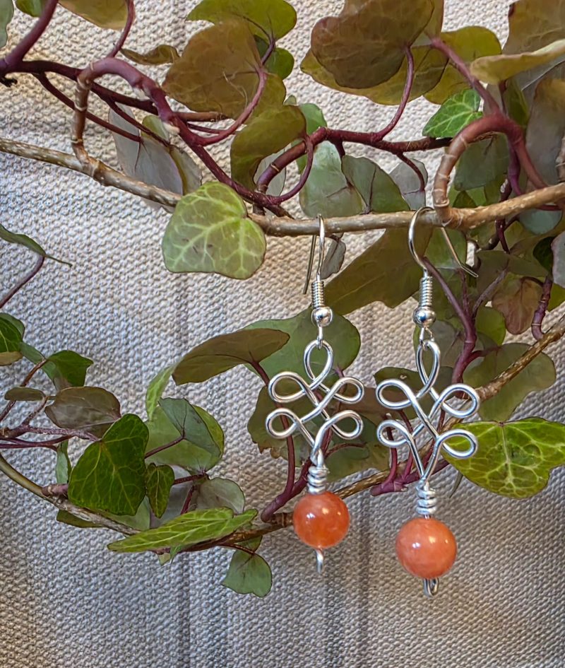 Handmade Wire-Wrapped Earrings with Sunstone Jade Beads, Celtic Design