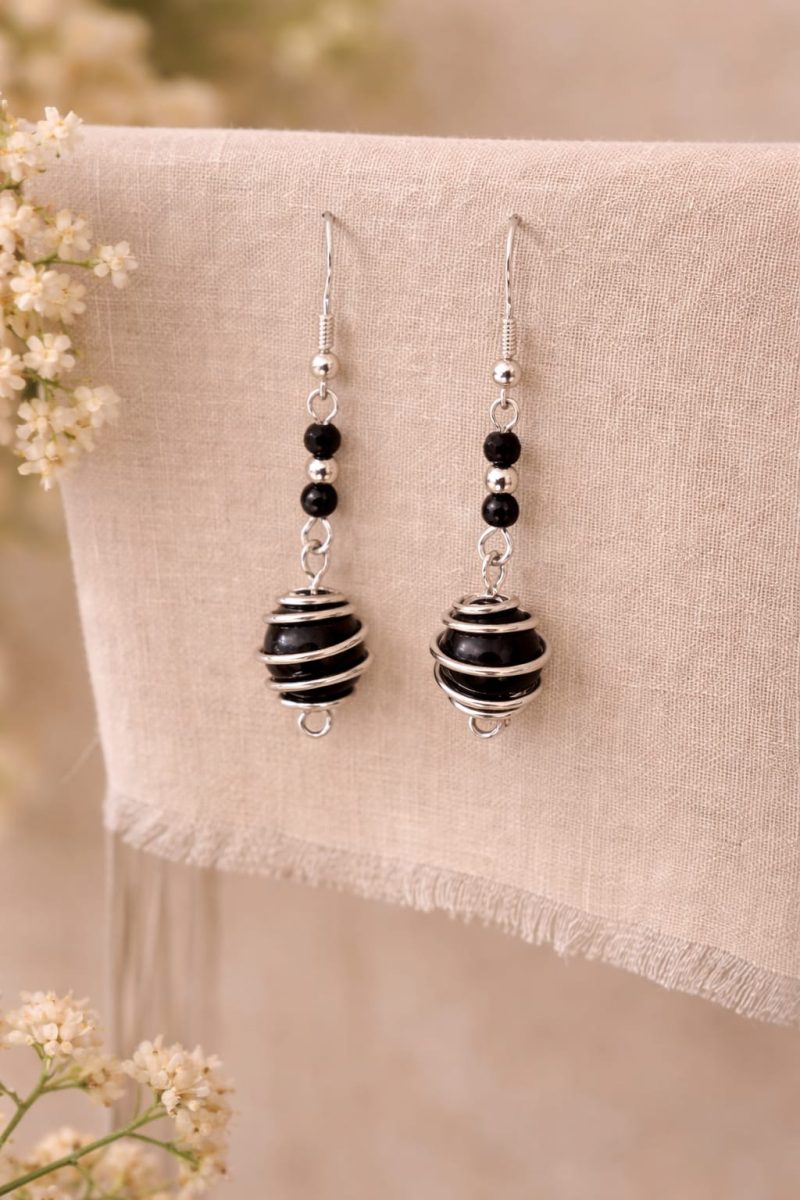 Black Sphere Silver tone Wire Drop Earrings