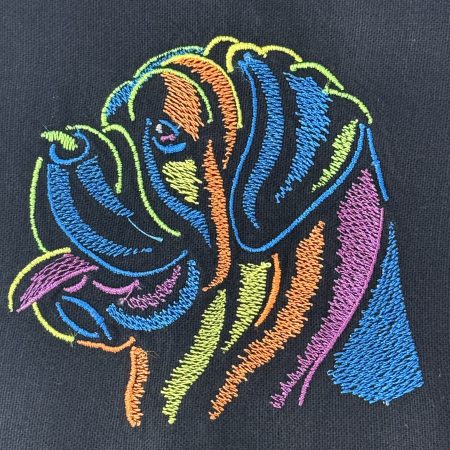 Embroidered Black Tea Towel with Neon Dog Head